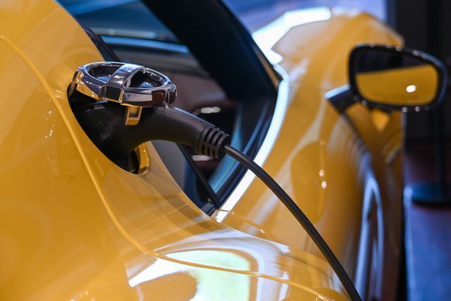 Kabl za punjenje uključen u priključak žutog automobila